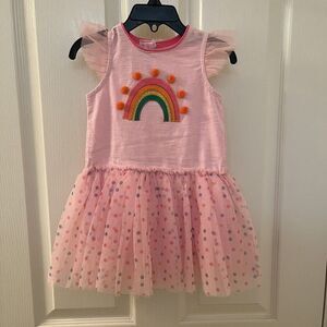 Mud Pie Pink Rainbow Applique Mesh Tulle Dress Pom Pom Girls Size S 12-18M NWT